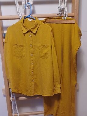 BED THREADS French Flax Linen Long Pant/Sleeve Sleep Set Size XL in Turmeric